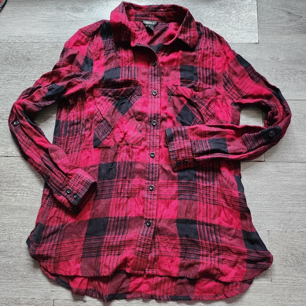 Vintage Forever 21 Shirt Womens Small Red & Black Plaid Button Up Long Sleeve